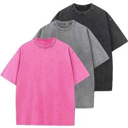 Oversized T-Shirt für Männer, Retro Washed Oberteil Baumwolle Übergröße Unisex Mode Hip Hop Vintage Tshirts(RosaGrauSchwarz L) von HOUZONIY