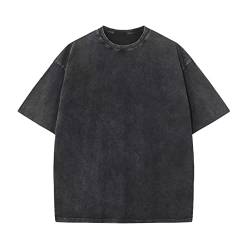 Oversized T-Shirt für Männer, Retro Washed Oberteil Baumwolle Übergröße Unisex Mode Hip Hop Vintage Tshirts(Schwarz L) von HOUZONIY