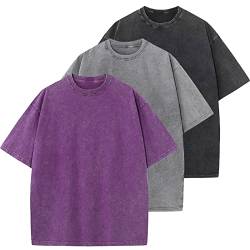 Oversized T-Shirt für Männer, Retro Washed Oberteil Baumwolle Übergröße Unisex Mode Hip Hop Vintage Tshirts(ViolettGrauSchwarz M) von HOUZONIY