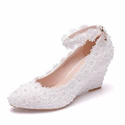 Damen Hochzeitsschuhe, Keilabsatz Spitze Zehe Brautschuhe Süße Spitze Blumen Hochzeit Pumps Größe,Weiß,39 EU von HOYOCE