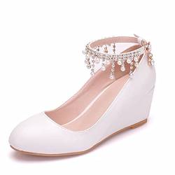 HOYOCE Klassische Damen Brautschuhe, Keilabsatz Runde Zehe Hochzeitsschuhe Plateau Quaste Strass Pumps Größe,Weiß,38 EU von HOYOCE