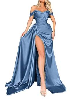 HPPEE Cold Shoulder Ballkleider A-Linie gerüschte formelle Abendparty Kleider für Frauen mit Schlitz, dusty blue, 34 von HPPEE