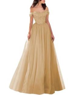 HPPEE Formelles Ballkleid mit Glitzer, Tüll, A-Linie, schulterfrei, Abendkleid, Partykleid für Junior, WYX485, Champagner, Größe 48 von HPPEE