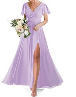 HPPEE Hochzeit Brautjungfer Kleid für Frauen Doppelter V-Ausschnitt Kurzarm Formelles Abendkleid mit Schlitz, Flieder, 50 von HPPEE