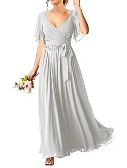 HPPEE Kurzärmeliges Hochzeitskleid für Damen, Junioren, Chiffon, lang, Maxi-V-Ausschnitt, Abendkleider mit Taschen, elfenbeinfarben, 48 von HPPEE