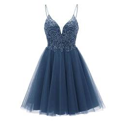 HPPEE Kurzes Homecoming-Kleid, Spaghettiträger, V-Ausschnitt, Cocktail-Partykleid mit Schleife für Junioren mit Perlen, stahlblau, 36 von HPPEE