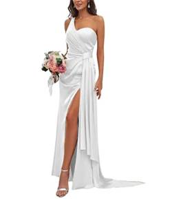 HPPEE Meerjungfrau Brautjungfer Kleider One Shoulder Ärmellos formelle Hochzeit Party Kleider mit Schlitz, weiß, 34 von HPPEE