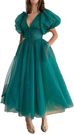 HPPEE Prinzessinnenkleider im Vintage-Stil mit Puffärmeln für Junioren, knöchellang, Tüll, gepunktet, Ballkleid, Quinceanera-Kleid mit Taschen, petrol, 32 von HPPEE