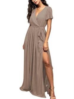 HPPEE V Ausschnitt Brautjungfer Kleid Wrap Flatterärmel mit Schlitz formelle Hochzeit Party Kleider für Frauen mit Gürtel, taupe, 44 von HPPEE