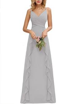 Hochzeit Brautjungfer Kleid Ärmellos Schulterfrei Elegant Lange Spaghetti Träger Gerafftes Mieder A Linie Rüschen Trauzeugin Kleider für Frauen, silber, 56 Plus von HPPEE