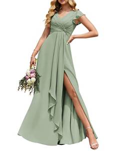 Hochzeitskleid, elegant, lang, Empire-Taille, plissiert, fließende Rüschen, Abendkleid, Ballkleid mit Schlitz, salbeigrün, 44 von HPPEE