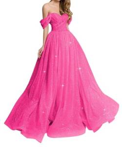 Schulterfreies Ballkleid, langes Ballkleid, Glitzertüll, A-Linie, formelles Abendkleid, Partykleid, WYX486, Hot Pink, Größe 40 von HPPEE