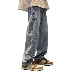 Baggy Jeans Herren mit Print Jeanshose für Männer mit Sterne Drucken Wide Leg Baggy+Jeans+Herren Hip Hop Jeans Y2K Lockere Gewaschene Jeanshosen Schwarz Fashion Oversized Jeans von HRTLSS