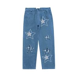 Baggy Jeans Herren mit Print Jeanshose für Männer mit Sterne Drucken Wide Leg Baggy+Jeans+Herren Hip Hop Jeans Y2K Lockere Gewaschene Jeanshosen Schwarz Fashion Oversized Jeans von HRTLSS