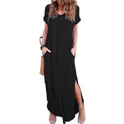 Damen Sommerkleid Lang Kurzarm V-Ausschnitt T-Shirt Kleid Elegant Casual Geteilt Schwarz Maxikleid Freizeitkleider Mode Abendkleid Damen Lang Dress von HSAJS