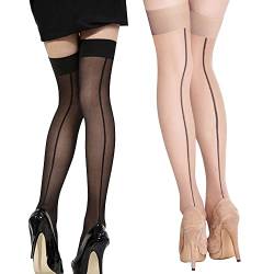 HSAJS 2 Paar Damen Oberschenkel Hohe Strümpfe mit Rückennaht, Silikon Spitze Top Strümpfe Damen Halterlose Netzstrümpfe,Elasthan Strapsstrümpfe,Strapsen Dessous Set mit Strümpfen (Beige+schwarz) von HSAJS