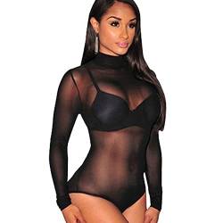 HSAJS Body Damen Sexy Sheer Mesh Langarm Bodysuit Elegant Damenbody Netz Bluse Tops Oberteil Blusebody Unterziehbody Schmal Bodysuits Tops Langarmbody für Frauen von HSAJS