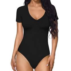 HSAJS Damen Body Elegant Kurzarm Bodies mit V-ausschnitt Sexy Bodysuit Tops kurze Ärmel Unterziehbody Jumpsuit Oberteil Top Bluse Overalls für Frauen von HSAJS