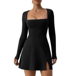 HSAJS Damen Cocktailkleid Sexy Langarm Kleid Partykleid Square Neck Bodycon Minikleid Herbstkleid Eng Elegant Freizeitkleid mit Schlitz Kleid Abendkleider von HSAJS