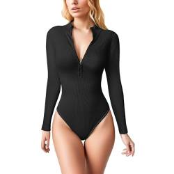 HSAJS Damen Elegant Sexy Body Rollkragen Langarm Gerippt Oberteil Bodysuit Jumpsuit Tops Unterziehbody Bodys mit Reißverschluss Fashion Outfits von HSAJS