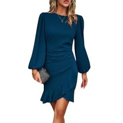 HSAJS Kleider für Damen Langarm Elegant Midikleid Rundkragen Puff Ärmel Casual Rüschen Hemdkleid Einfarbige Winterkleider Herbstkleid Freizeitkleid Pulloverkleid von HSAJS