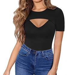 Tshirt Damen V Ausschnitt T Shirt Cut Out Oberteil Kurzarm T-Shirt Sexy Bluse Tops Frauen Casual Shirt Basic Slim Tee Sommer Elegante von HSAJS