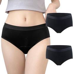HSD Damen Perioden Unterwäsche hoch taillierte große Waschbar Baumwolle Menstruation Unterwäsche für die Periode Mädchen 2er Pack (Black-A, L) von HSD
