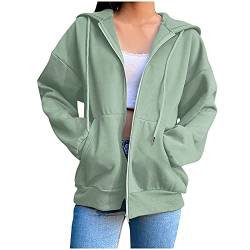 HSD Damen Reißverschluss Sweatshirt Langarm Pulli Outwear Jacken Sweatjacke Kapuzenpullover, einfarbig, lockerer Schnitt, Lange Ärmel (Green-A, L) von HSD