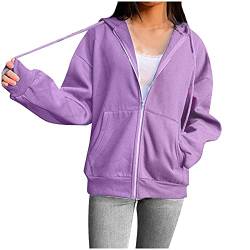 HSD Damen Reißverschluss Sweatshirt Langarm Pulli Outwear Jacken Sweatjacke Kapuzenpullover, einfarbig, lockerer Schnitt, Lange Ärmel (Purple-A, XXL) von HSD