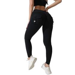 Po-Lifting-Leggings mit Taschen für Damen, Stretch-Cargo-Leggings, hohe Taille, Workout-Laufhose Damen Fitness Hose 3/4 (Black, L) von HSD