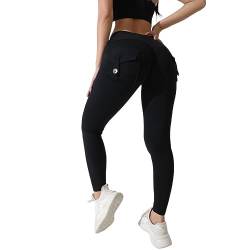 Po-Lifting-Leggings mit Taschen für Damen, Stretch-Cargo-Leggings, hohe Taille, Workout-Laufhose Damen Fitness Hose 3/4 (Black, M) von HSD