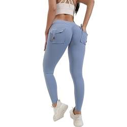 Po-Lifting-Leggings mit Taschen für Damen, Stretch-Cargo-Leggings, hohe Taille, Workout-Laufhose Damen Fitness Hose 3/4 (Blue, S) von HSD