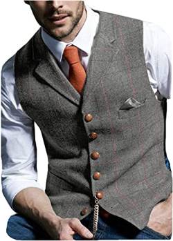 HSLS Herren Retro Frack Weste Plaid Wollweste Lässiger Tweed Fischgrätenmuster für Smoking(L, Grau) von HSLS