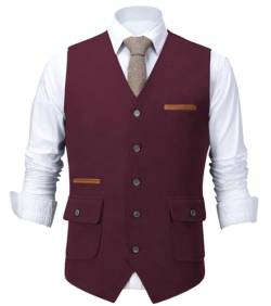 HSLS Herrenanzug Weste Slim Fit Wollkleid Weste Tweed V-Ausschnitt für Trauzeugen(Large, Burgund) von HSLS