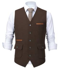 HSLS Herrenanzug Weste Slim Fit Wollkleid Weste Tweed V-Ausschnitt für Trauzeugen(Large, Kaffee) von HSLS