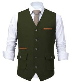 HSLS Herrenanzug Weste Slim Fit Wollkleid Weste Tweed V-Ausschnitt für Trauzeugen(X-Large, Armeegrün) von HSLS