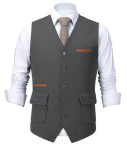 HSLS Herrenanzug Weste Slim Fit Wollkleid Weste Tweed V-Ausschnitt für Trauzeugen(XS, Grau) von HSLS