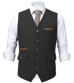 HSLS Herrenanzug Weste Slim Fit Wollkleid Weste Tweed V-Ausschnitt für Trauzeugen(XS, Schwarz) von HSLS