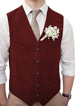 HSLS Männer Retro Anzug Weste Casual Dicke Tweed Wolle Herringbone Slim Fit V-Ausschnitt Weste Für Hochzeit(L, Burgund) von HSLS