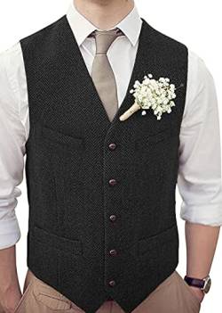 HSLS Männer Retro Anzug Weste Casual Dicke Tweed Wolle Herringbone Slim Fit V-Ausschnitt Weste Für Hochzeit(L, schwarz) von HSLS