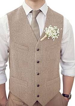 HSLS Männer Retro Anzug Weste Casual Dicke Tweed Wolle Herringbone Slim Fit V-Ausschnitt Weste Für Hochzeit(M, Champagner) von HSLS