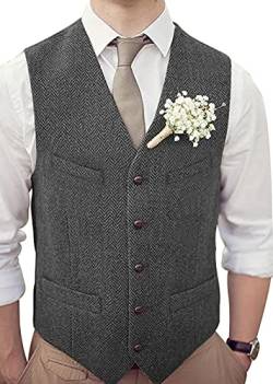 HSLS Männer Retro Anzug Weste Casual Dicke Tweed Wolle Herringbone Slim Fit V-Ausschnitt Weste Für Hochzeit(S, Grau) von HSLS