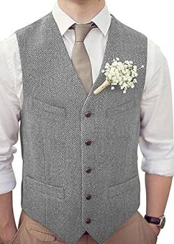 HSLS Männer Retro Anzug Weste Casual Dicke Tweed Wolle Herringbone Slim Fit V-Ausschnitt Weste Für Hochzeit(XL, Silber) von HSLS