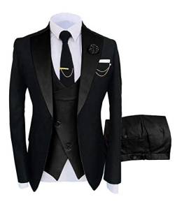 Herren 3-teilige formelle Kerbe Revers Herren Anzug Slim Fit Groomsmen Anzug Smoking für die Hochzeit (Blazer + Weste + Hose)(Schwarz,50) von HSLS