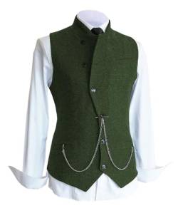 Herren Fischgrat Wollwesten Anzug Business Tweed Hoher Kragen Westen Schlanke Passform(3XL, Grün) von HSLS