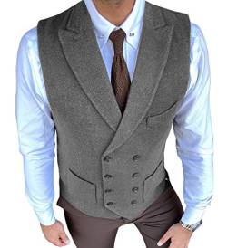 Herren Freizeitanzug Weste Regular Fit Zweireiher Wolle Formale Weste Tweed(S, Grau) von HSLS