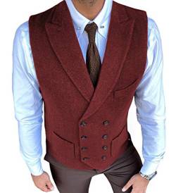 Herren Freizeitanzug Weste Regular Fit Zweireiher Wolle Formale Weste Tweed(XXL, Burgund) von HSLS