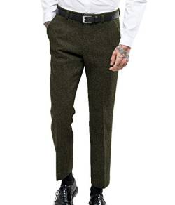 Herren Jahrgang Fischgrät Anzughose Dicke Wolle Flat Front Tweed Hose Armeegrün 30 von HSLS