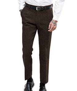 Herren Jahrgang Fischgrät Anzughose Dicke Wolle Flat Front Tweed Hose Kaffee 34 von HSLS