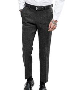 Herren Jahrgang Fischgrät Anzughose Dicke Wolle Flat Front Tweed Hose Schwarz 30 von HSLS